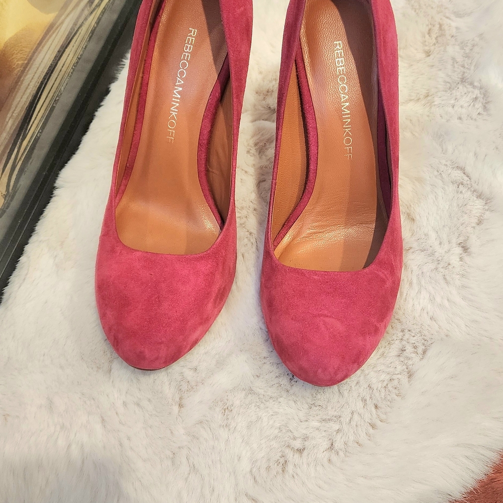 Rebecca Minkoff Suede Coral Red Almond Toe Platform High Heel Pumps Heel 4in